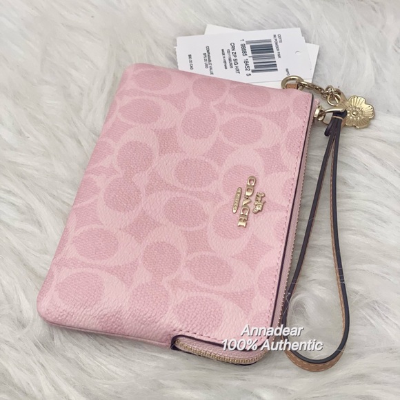 NWT Coach CEF72 Corner Zip Wristlet Signature Canvas with Charm Gold Powder Pink - Picture 7 of 8